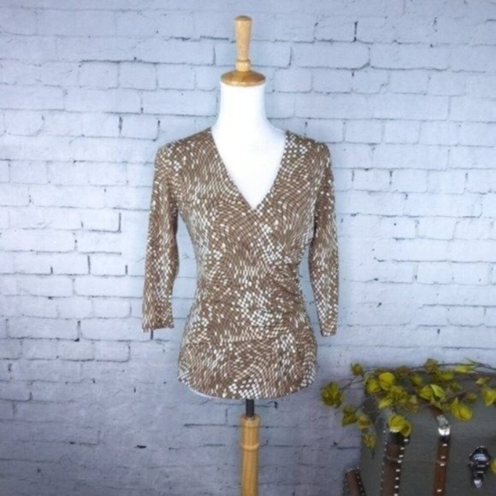 Tesori Silk Jersey Knit Surplice Top Brown Small